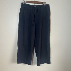 Marsh Landing Wide Leg Pants Women Large Navy Blue Tencel Blend Drawstring Crop